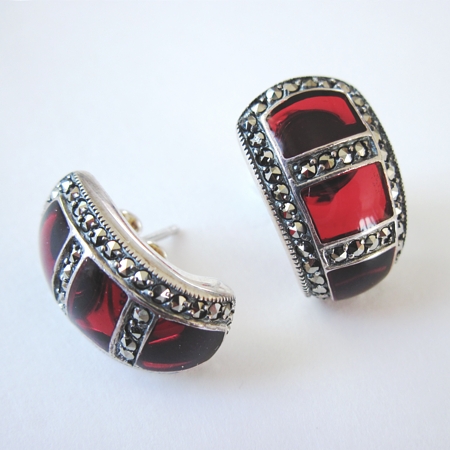 Red Enamel 3-Window Earrings with Marcasite - Click Image to Close
